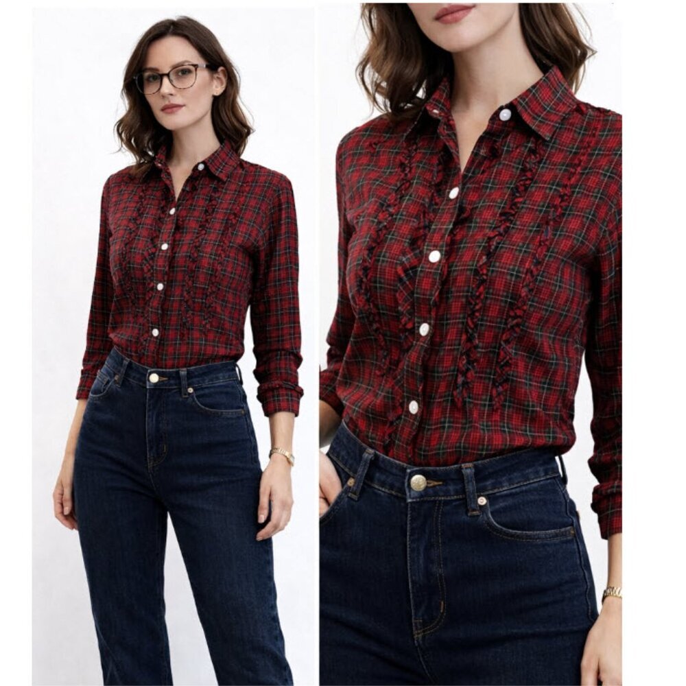 Ralph Lauren Red Black Tartan Plaid Ruffle Button Shirt Petite S Preppy Work
